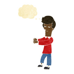 cartoon bored man showing the way with thought bubble