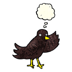 cartoon waving bird with thought bubble