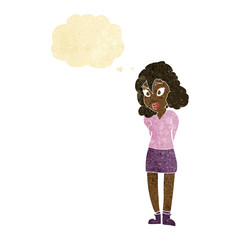 cartoon confused woman with thought bubble