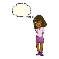 cartoon confused woman with thought bubble