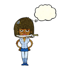 cartoon woman with knife between teeth with thought bubble