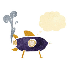 cartoon space rocket with thought bubble