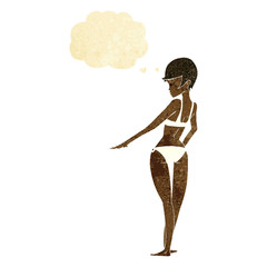 cartoon woman in bikini with thought bubble