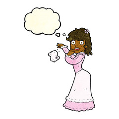 cartoon victorian woman dropping handkerchief with thought bubbl