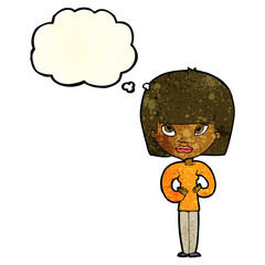 cartoon woman gesturing at herself with thought bubble