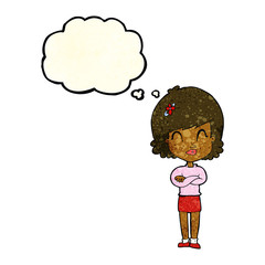 cartoon happy woman with folded arms with thought bubble