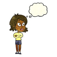 cartoon surprised woman with thought bubble