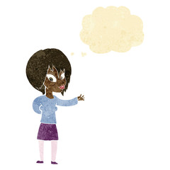 cartoon woman making welcome gesture with thought bubble