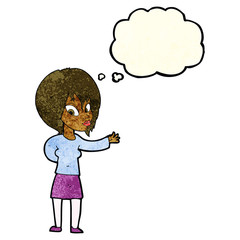 cartoon woman making welcome gesture with thought bubble