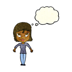 cartoon girl shrugging shoulders with thought bubble