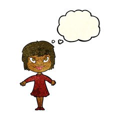 cartoon girl shrugging shoulders with thought bubble