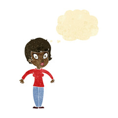 cartoon woman shrugging shoulders with thought bubble