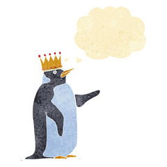 cartoon penguin wearing crown with thought bubble