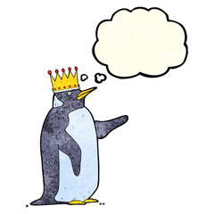 cartoon penguin wearing crown with thought bubble