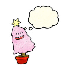 cartoon dancing christmas tree with thought bubble