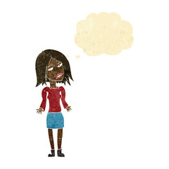 cartoon woman shrugging shoulders with thought bubble