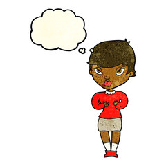 cartoon woman gesturing at self with thought bubble