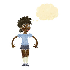 cartoon curious woman with thought bubble