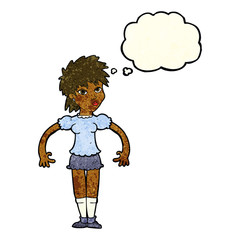 cartoon curious woman with thought bubble