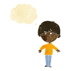 cartoon suspicious man looking over shoulder with thought bubble