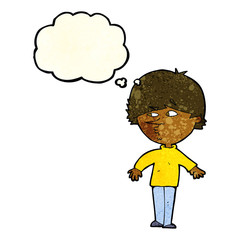 cartoon suspicious man looking over shoulder with thought bubble