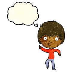 cartoon impressed boy pointing with thought bubble