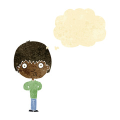 cartoon whistling boy with thought bubble