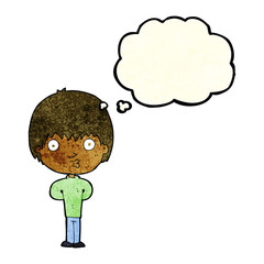 cartoon whistling boy with thought bubble