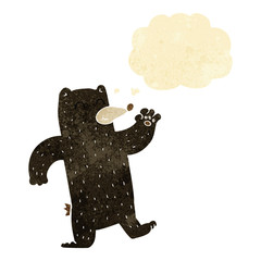 cartoon waving black bear with thought bubble