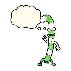 cartoon dancing christmas candy cane with thought bubble