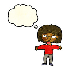cartoon girl looking upwards with thought bubble
