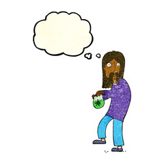 Obraz na płótnie Canvas cartoon hippie man with bag of weed with thought bubble