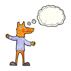 cartoon fox man with thought bubble