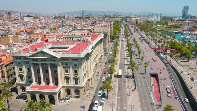 Barcelona panorama cityscape, city streets traffic aerial view
