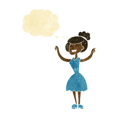 cartoon woman with raised arms with thought bubble