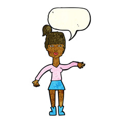 cartoon woman making dismissive gesture with thought bubble