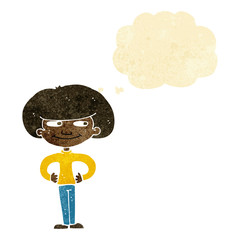 cartoon boy with hands on hips with thought bubble