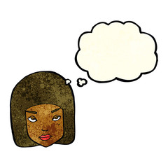 cartoon annoyed female face with thought bubble