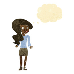 cartoon woman shrugging shoulders with thought bubble