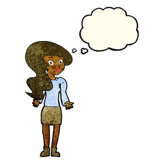 cartoon woman shrugging shoulders with thought bubble