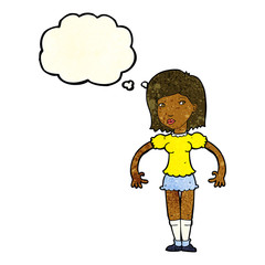 cartoon woman looking sideways with thought bubble