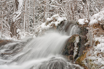 Landscape of winter waterfalls at Big Hill Springs, Alberta, Canada.