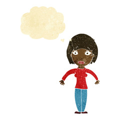 cartoon surprised woman with thought bubble