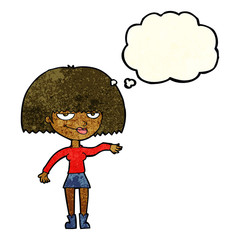 cartoon smug woman making dismissive gesture with thought bubble