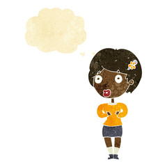 cartoon surprised woman with thought bubble