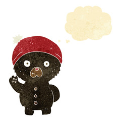 cartoon waving black teddy bear in winter hat with thought bubbl