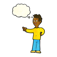 cartoon shocked boy pointing with thought bubble