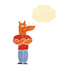 cartoon fox man with thought bubble