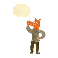 cartoon fox man with idea with thought bubble