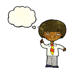 cartoon school boy answering question with thought bubble